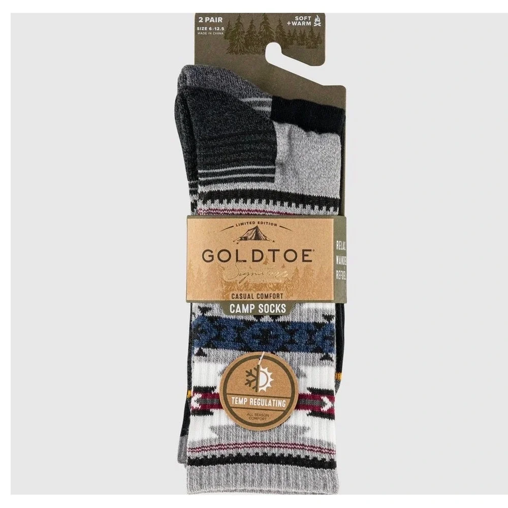Gold Toe Signature Casual Comfort Camp Socks 2 Pair Pack Mens 6-12.5 Aztec Hiker